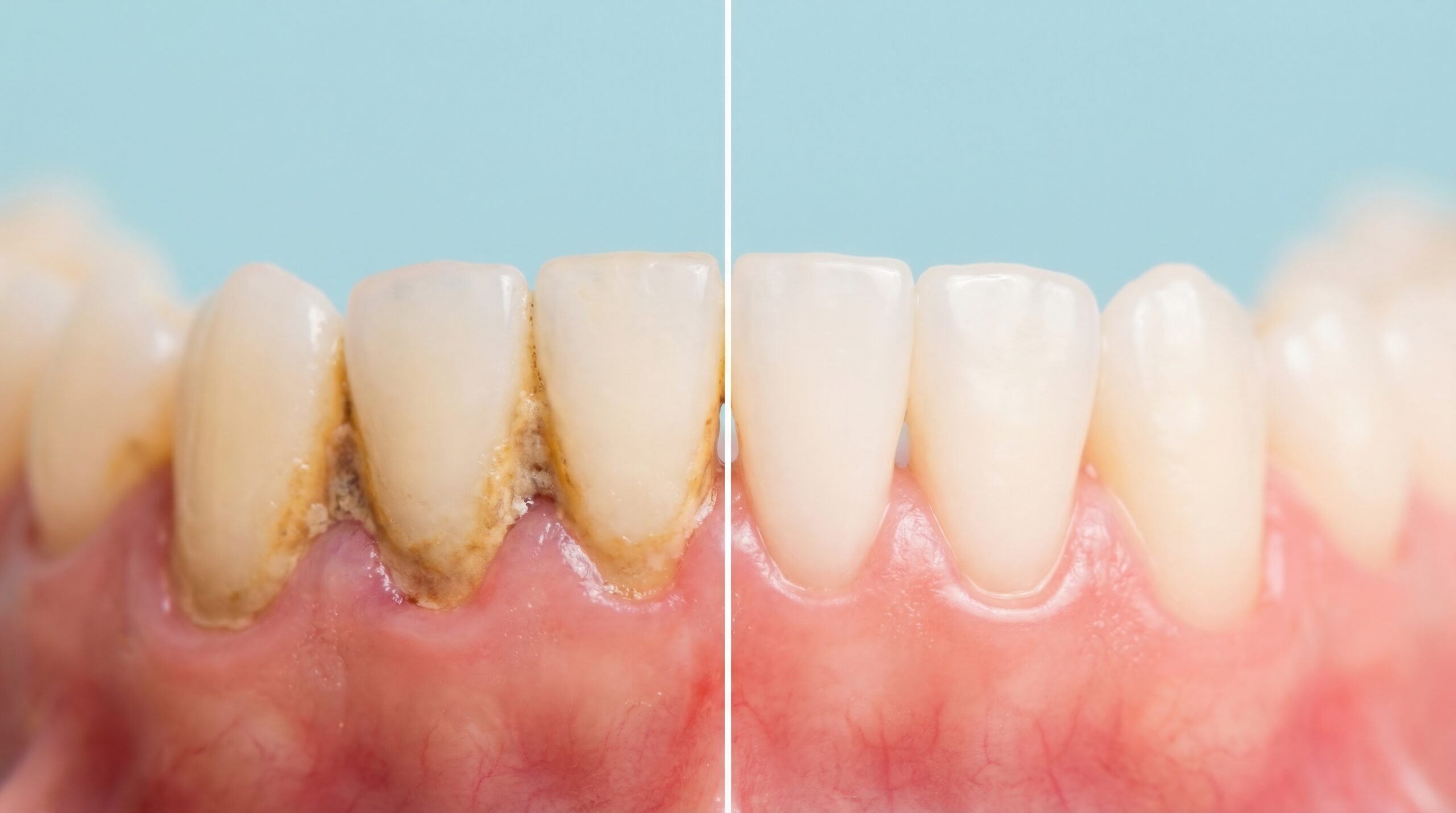 Side-by-side comparison shows human teeth before and after professional cleaning, illustrating tartar and plaque removal.