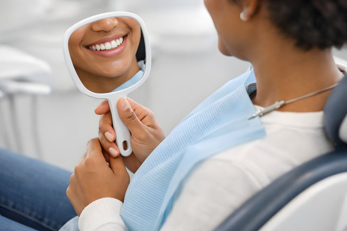 Dentist explaining a dental crown restoration to a patient in a modern dental office